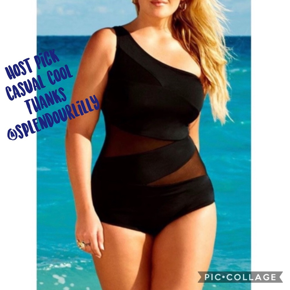 Black Asymmetrical Single Strap Plus Size Swimsuit - Picture 1 of 4
